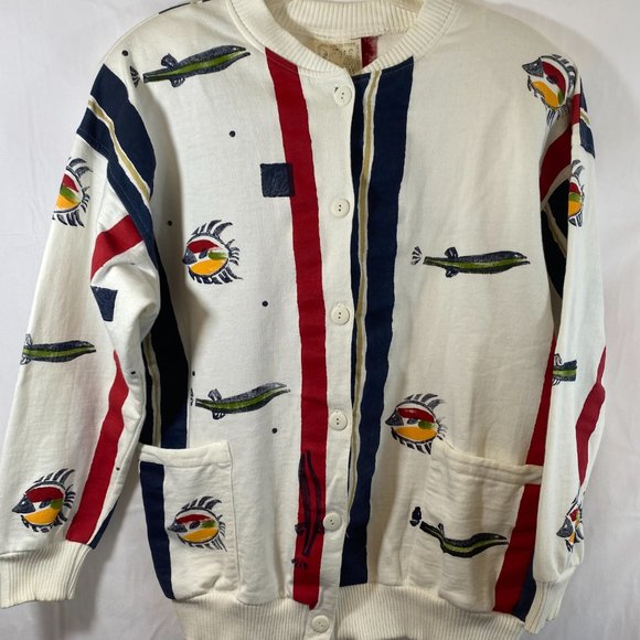 Play Alegre Nautical Print Ivory Long Sleeve Cardigan Sweater EUC Women One Size - Picture 8 of 14